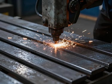 Heavy steel plates being cut by a high-power CNC laser with bright sparks flying, dark industrial background, dramatic lighting