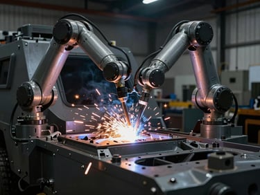 Dramatic low-key shot of a robotic welding arm creating sparks on an armored vehicle chassis, high contrast, industrial editorial