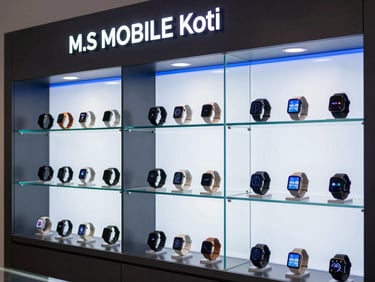 Sleek storefront display of M.S MOBILE in Koti, modern glass shelving with smartwatches and premium accessories under electric blue accent lighting, 50mm lens