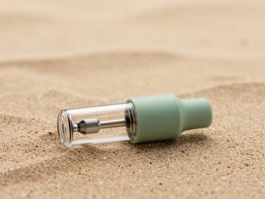 Macro product shot of a minimalist clear glass vape cartridge resting on a textured warm sand stone surface, soft diffused morning light.