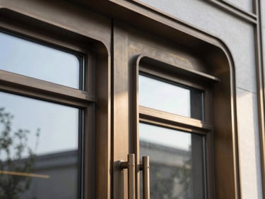 Detail of high-end bronze and glass window frame, crisp morning daylight, architectural precision