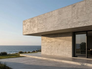 Minimalist concrete villa overlooking the sea, dramatic evening shadows, elegant architectural photography