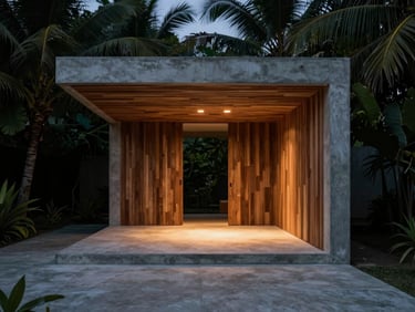 Minimalist pavilion of The Retreat Sámara at dusk, warm light glowing from within, grain-matched teak wood ceilings, concrete floors, surrounding tropical foliage in deep shadow, 35mm