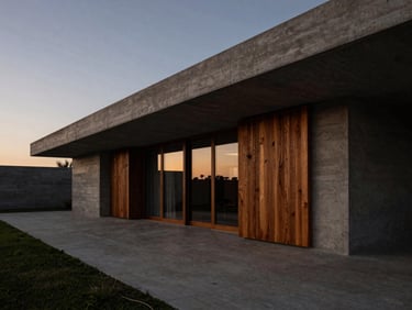 Wide architectural elevation of a concrete and teak estate in Peninsula de Papagayo, low-key dramatic sunset lighting, sharp linear perspective, 35mm