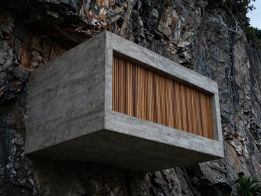 Low angle shot of the Waldorf Astoria Punta Cacique structure, raw concrete walls integrated into coastal cliffs, soft natural light filtering through teak architectural slats, 35mm