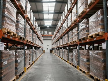 Wide interior of a large bonded logistics warehouse under tungsten lighting, tall racking systems loaded with palletized cargo, a narrow aisle running toward the far wall, barcode scanners and inventory labels visible on shelving, overcast daylight from high clerestory windows, no people, documentary framing showing operational scale