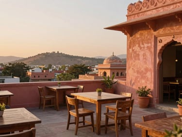 A quiet rooftop dining terrace at sunset, warm golden glow, minimal wooden tables, terracotta planters, view of distant Jaipur hills.