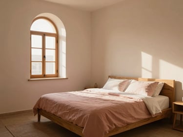 A minimalist hotel suite with a low wooden bed, soft linen, lime-washed cream walls, a single arched window letting in soft light.