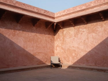 A sun-drenched inner courtyard of a restored haveli, soft morning shadows, terracotta-washed walls, minimal modern lounge chair in the corner.