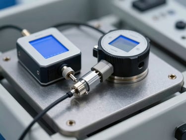 Precision electronic sensors being calibrated inside a clean testing enclosure with blue LED indicators, metallic steel tones