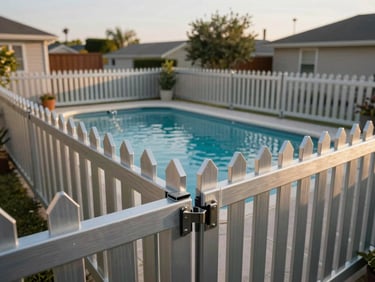 Wide environmental shot, residential backyard, aluminum picket pool fence running the full perimeter of an in-ground pool, warm afternoon sidelight, camera positioned at waist height showing the vertical picket spacing and a self-closing gate latch in sharp focus in the foreground