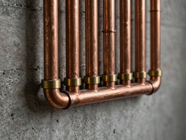 Macro photograph of perfectly aligned copper conduit routing along a raw concrete wall, dramatic low-key side lighting, brushed brass accents