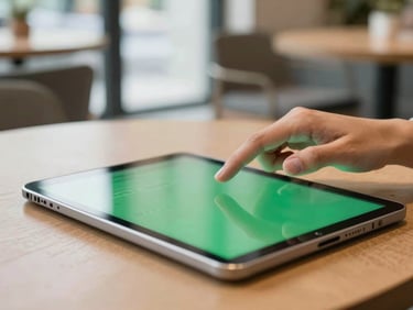 Close-up of hands interacting with a vibrant green table layout screen on a tablet, bright modern cafe interior, natural daylight