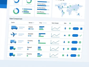 Flat vector illustration of a digital shipping dashboard with real-time rate comparison tables, clean geometric shapes, white background, blue and green accents, minimalist style