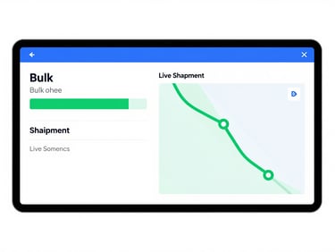 Flat vector illustration of a split-screen dashboard view, displaying bulk label generation progress on the left and live shipment tracking routes on the right, clean geometric shapes, white background, blue and green accents
