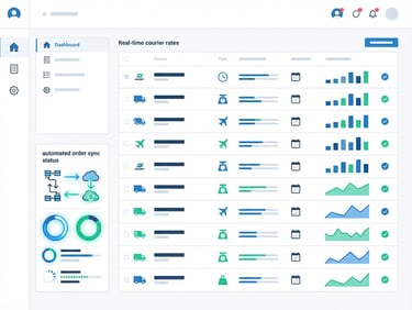 Flat vector illustration of a modern shipping dashboard interface, showing real-time courier rate comparison tables and automated order sync status, clean geometric shapes, white background, blue and green accents, minimalist