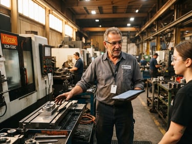 Environmental portrait of an industrial manufacturing supervisor in a Sherbrooke facility, warm industrial daylight, sharp focus, 35mm lens