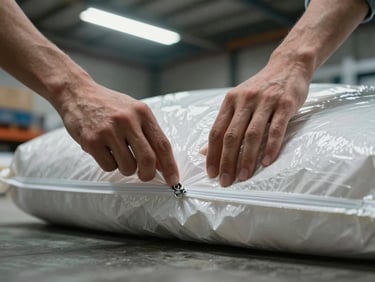 Hands pressing closed the zip-lock seal of a thick polyethylene industrial bag on a warehouse floor, harsh overhead fluorescent light, concrete floor visible, focus on the seal edge