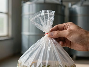 Tight close-up of a hand gripping the sealed corner of a heavy-duty plastic bag, testing the weld seam, natural daylight from a side window casting a soft shadow, agricultural silo structure blurred in the background