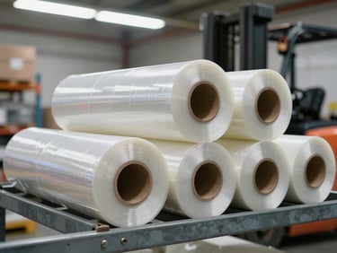 Tight shot of folded stretch film rolls arranged on a metal rack inside a distribution center, overhead fluorescent light catching the transparent layers, a forklift visible out of focus in the background