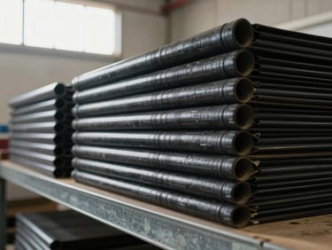 Row of black heavy-duty plastic liners folded neatly on a metal shelf inside an industrial supply room, daylight from a high clerestory window, the plastic texture sharp in the foreground