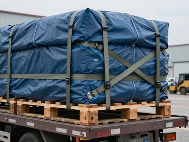 Close-up medium shot of heavy-duty cargo straps securing a pallet load under a blue tarpaulin on a flatbed trailer, overcast daylight, industrial yard background, no people — documentary texture, focus on the securing hardware and banding