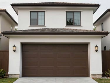 Exterior of a gated two-storey house with rendered walls and a double garage door, photographed straight-on under even overcast light