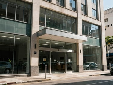 Street-level exterior of a commercial office unit in a Brazilian city, clean glass entrance, daytime light, visible street number and access