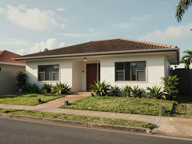 Wide exterior shot of a detached house on a quiet Brazilian street, natural daylight, clean facade visible, low perspective showing front garden and sidewalk
