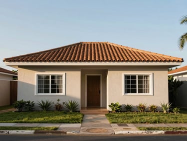 Exterior front view of a single-story Brazilian house with tiled roof, small front yard, afternoon natural light, clear facade details