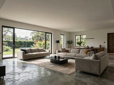 Interior living room of a modern house showing open-plan layout with polished concrete floors and large windows letting in daylight