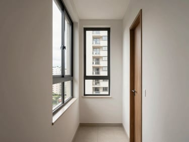 Interior corridor of a modern Brazilian apartment building, natural light from tall windows, clean painted walls, neutral tones showing building quality