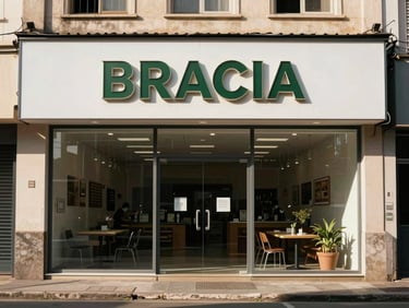Street-level exterior of a Brazilian commercial storefront with glass facade, clear signage area, urban street context, midday natural light