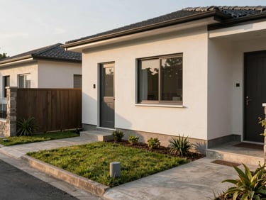 Wide shot of a compact house exterior on a residential street with a small garden and tiled pathway, natural morning light
