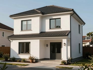 Wide exterior shot of a two-storey residential house with white render facade, tile roof, and a small front garden under clear midday light
