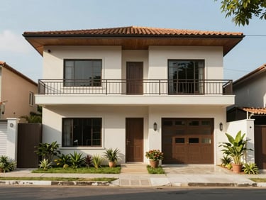 Front exterior of a two-storey Brazilian house, clean render facade, street-level shot, natural daylight, clear sky, well-maintained garden visible