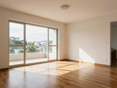 Wide interior shot of a bright Brazilian apartment living room, large window letting in natural daylight, clean walls, wood floor visible