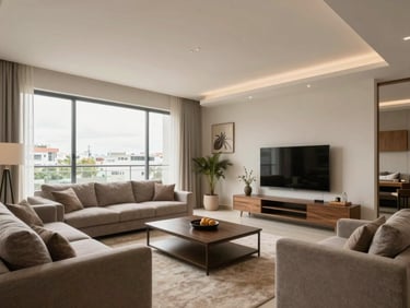 Interior of a modern Brazilian apartment living room, wide-angle shot showing room scale, natural light through large windows, clean finishes visible