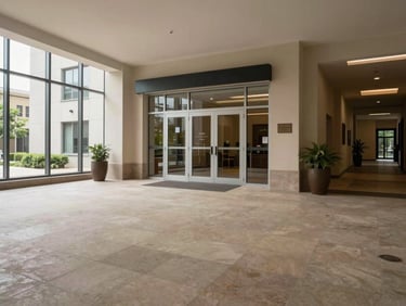 Wide shot of an apartment building corridor and entrance lobby, clean tiled floor, natural light from glazed facade, no people, honest condition