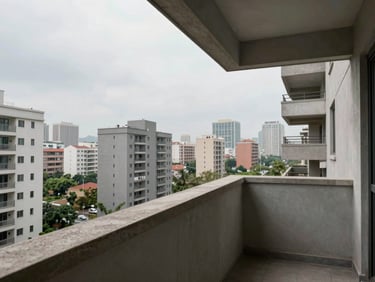 Apartment balcony with city view, concrete railing, daylight, no people, honest environmental shot showing neighborhood density