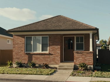 Front elevation of a single-storey suburban house with brick detailing and a covered porch, photographed in natural daylight from the street