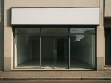 Street-level exterior of a commercial retail unit in a Brazilian city, glass storefront, clean signage space, daytime natural lighting on the facade