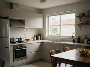 Interior of a Brazilian apartment kitchen and dining area, medium shot, natural window light, clean surfaces, practical layout visible