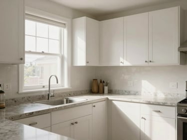 Bright apartment kitchen with white cabinets, stone countertop, and window light, no people, clean condition shot for listing purposes