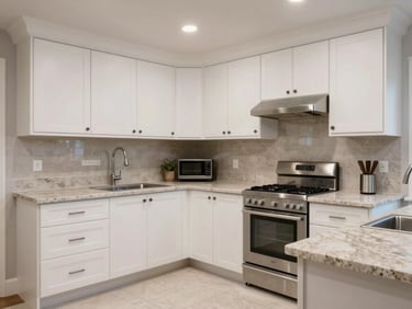 Kitchen interior of a renovated house with white cabinetry, stone countertop, and stainless fixtures under clean overhead lighting