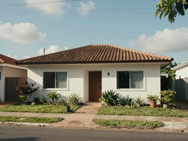 Exterior shot of a single-family house with a small front garden, natural daylight, clean facade visible, suburban Brazilian street context