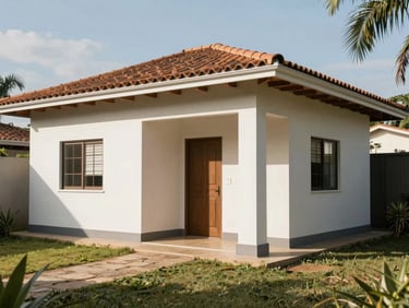 Exterior rear view of a Brazilian single-storey house with backyard, natural daylight, clean structure showing roof and outer walls, no people