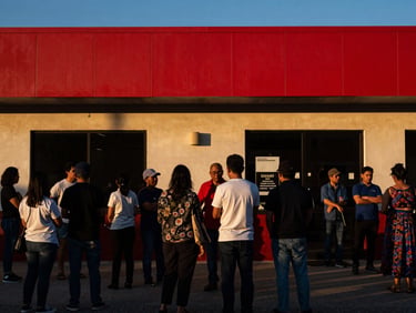 High-contrast shot of local citizens gathering outside a community center at dusk, warm lighting, sharp focus, 35mm.