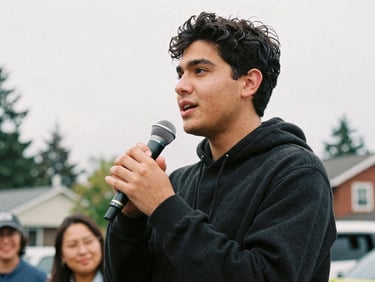 Medium-close candid shot of a young Seattle advocate speaking passionately at a neighborhood forum, holding a microphone, natural overcast Pacific Northwest daylight, warm authentic tones, 35mm film.