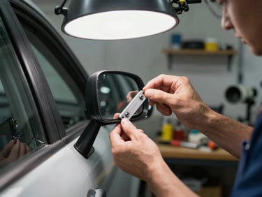 Technician's hands carefully positioning a lateral mirror housing against a vehicle door under sharp overhead workshop light, tools visible on bench in background